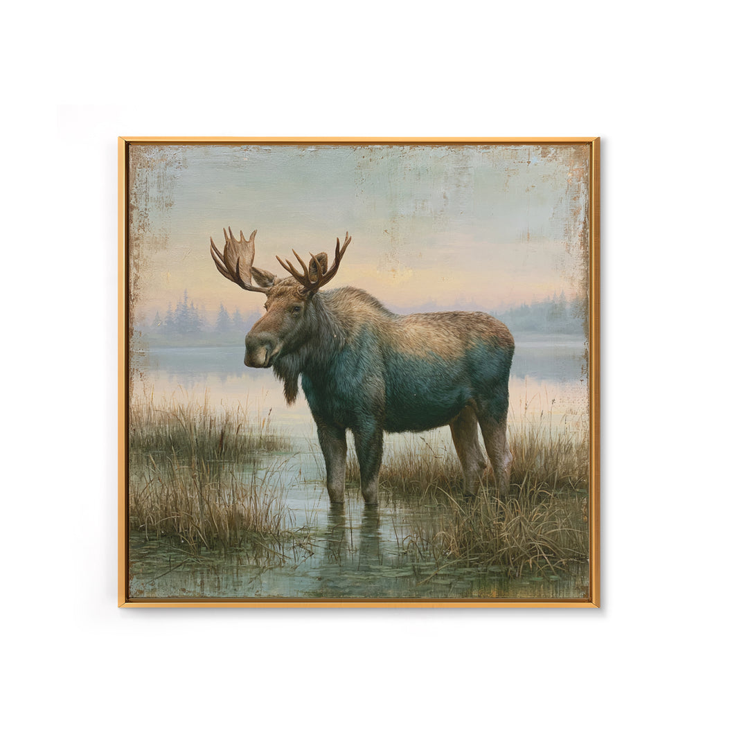 Moose Standing by a Quiet Lake Canvas Print, Rustic Art, Living Room Art, Farmhouse Decor, Watercolor Art, Rustic, RUS-1x1-9