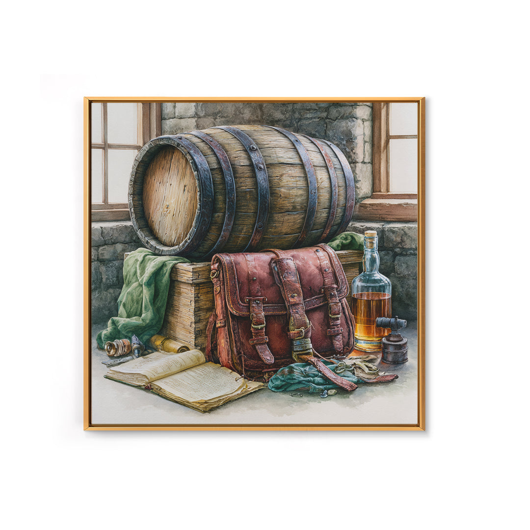 Whiskey Barrel and Leather Still Life Canvas Print, Rustic Art, Boho Decor, Farmhouse Decor, Fine Art, Rustic, Art Print, RUS-1x1-91
