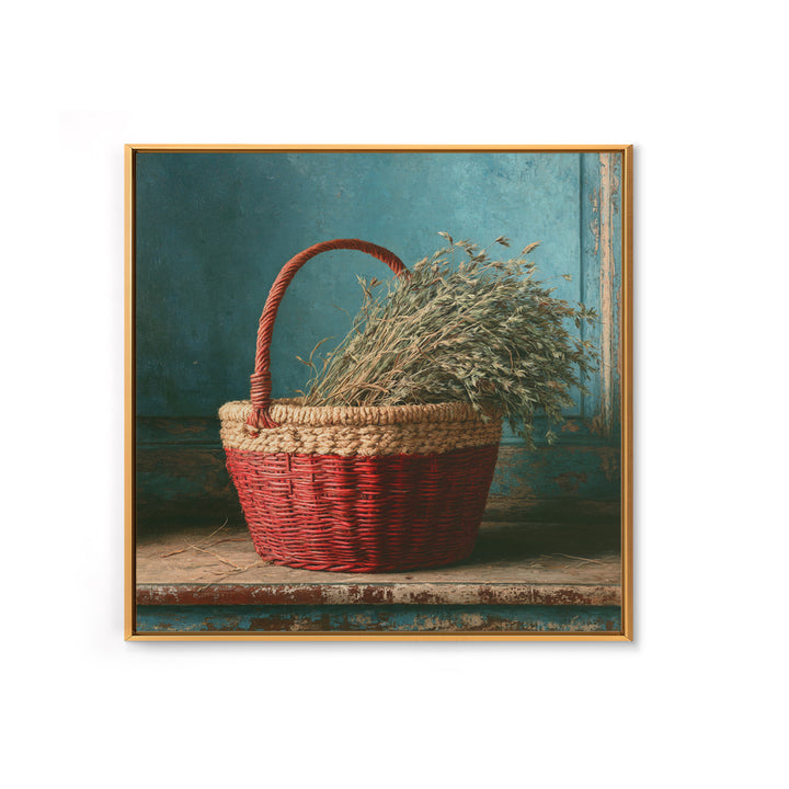 Handwoven Basket with Dried Grasses Framed Canvas Print, Rustic Art, Digital Prints, Farmhouse Decor, Fine Art, Rustic, RUS-1x1-96