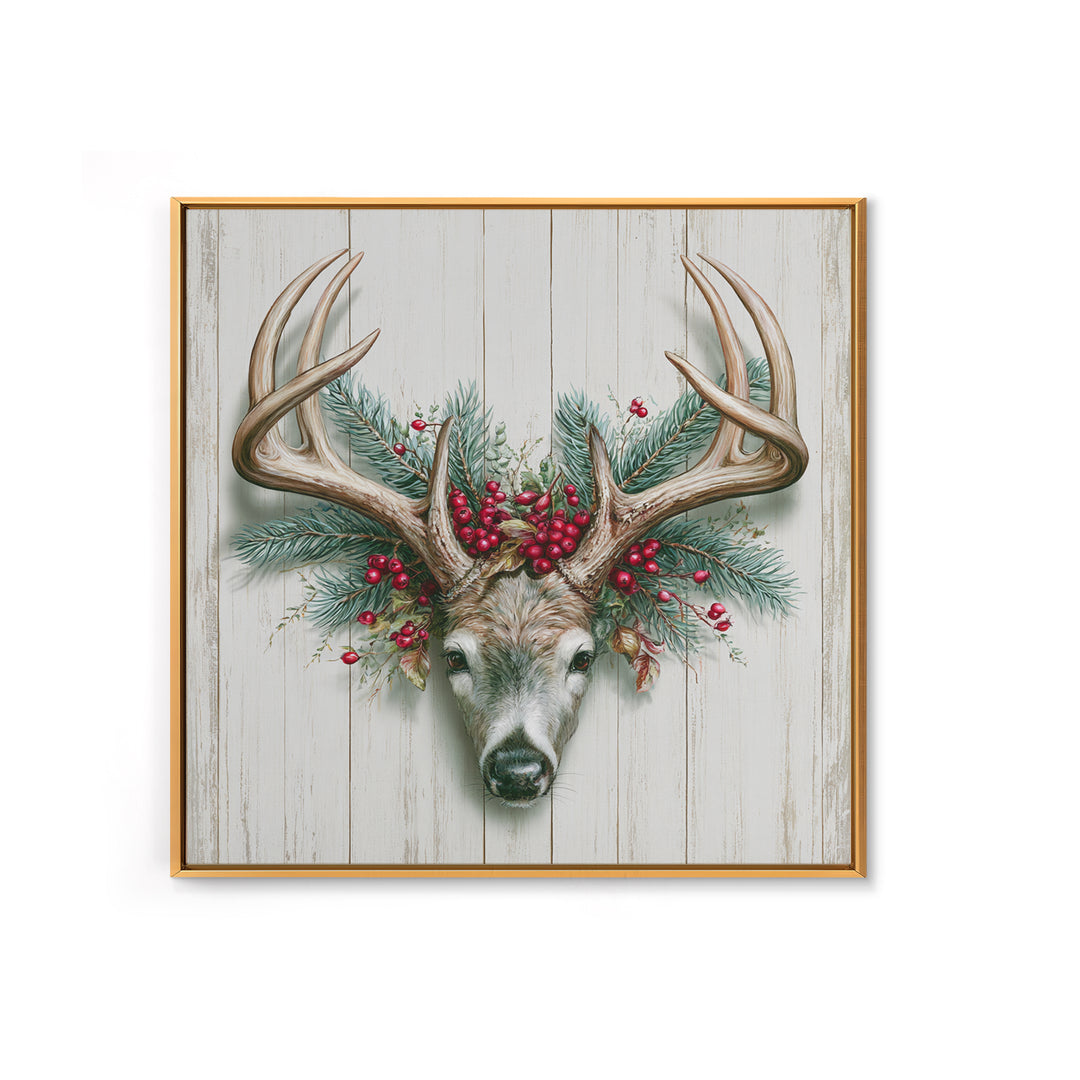 Deer Antlers with Pine Branches and Berries Canvas Print, Rustic Art, Statement Artwork, Farmhouse Decor, Fine Art, Rustic, RUS-1x1-98