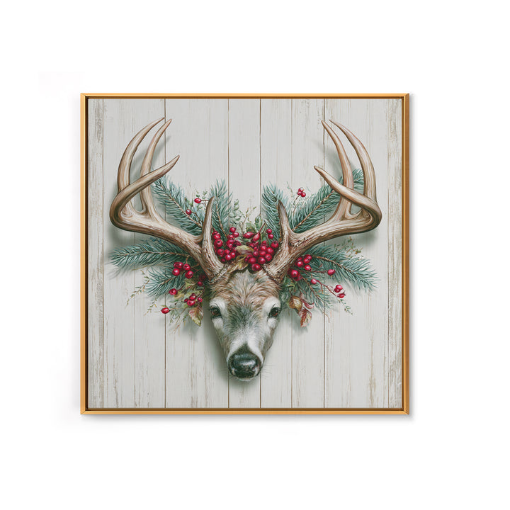 Deer Antlers with Pine Branches and Berries Canvas Print, Rustic Art, Statement Artwork, Farmhouse Decor, Fine Art, Rustic, RUS-1x1-98