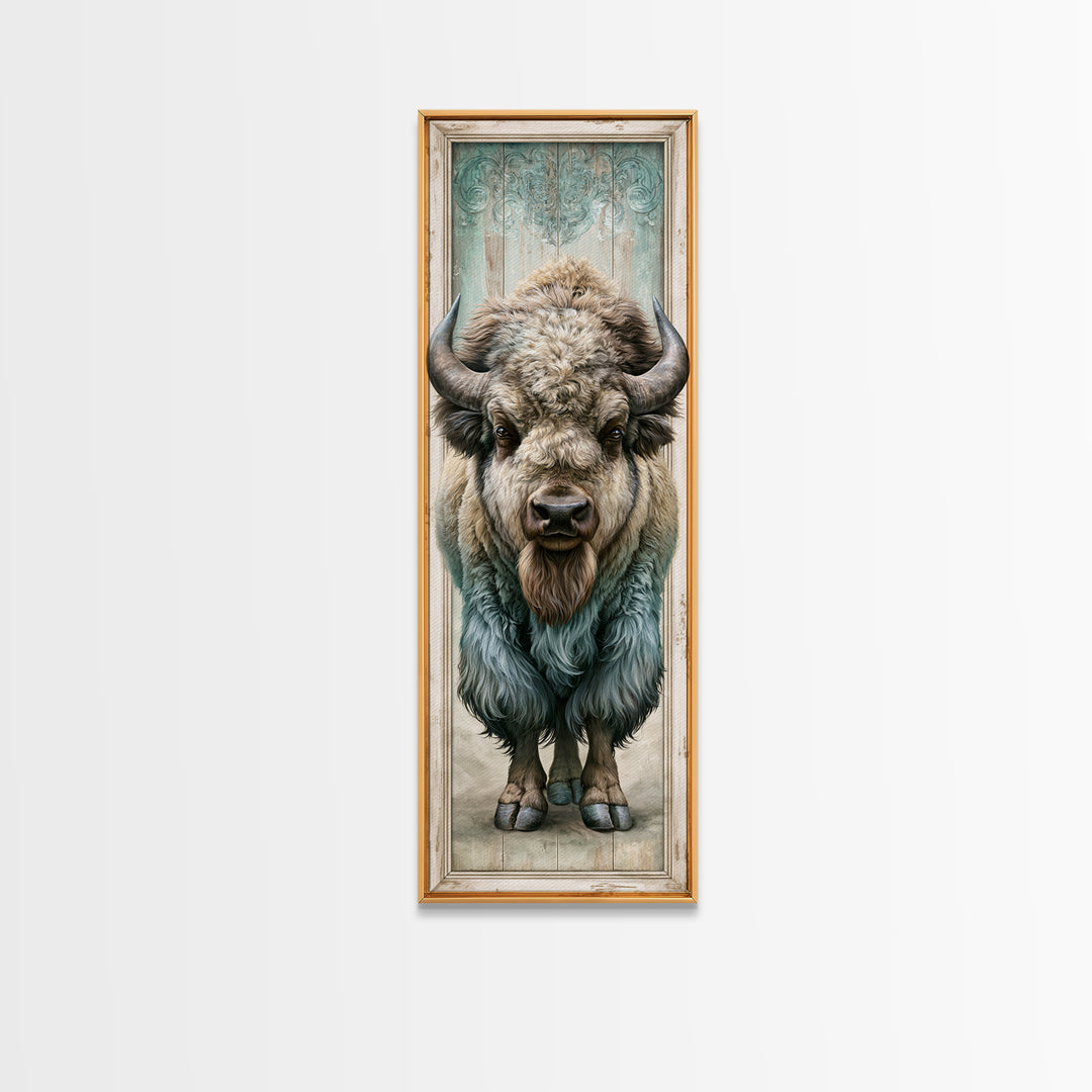 Buffalo Portrait with Western Texture Canvas Print, Rustic Art, Wood Art, Farmhouse Decor, Oil Painting, Rustic, Wall Decor, RUS-1x3-10