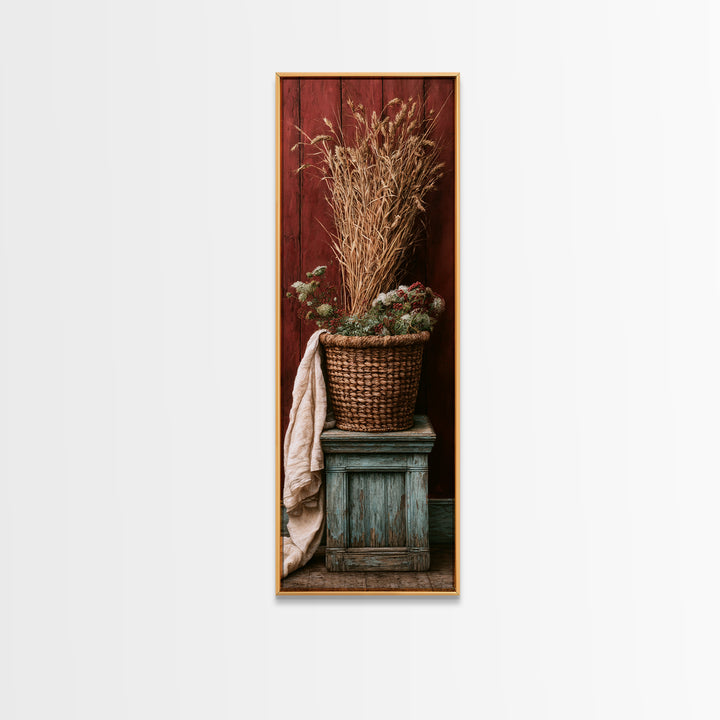Handwoven Basket with Dried Grasses Canvas Print, Rustic Art, Statement Artwork, Farmhouse Decor, Oil Painting, Rustic, RUS-1x3-12