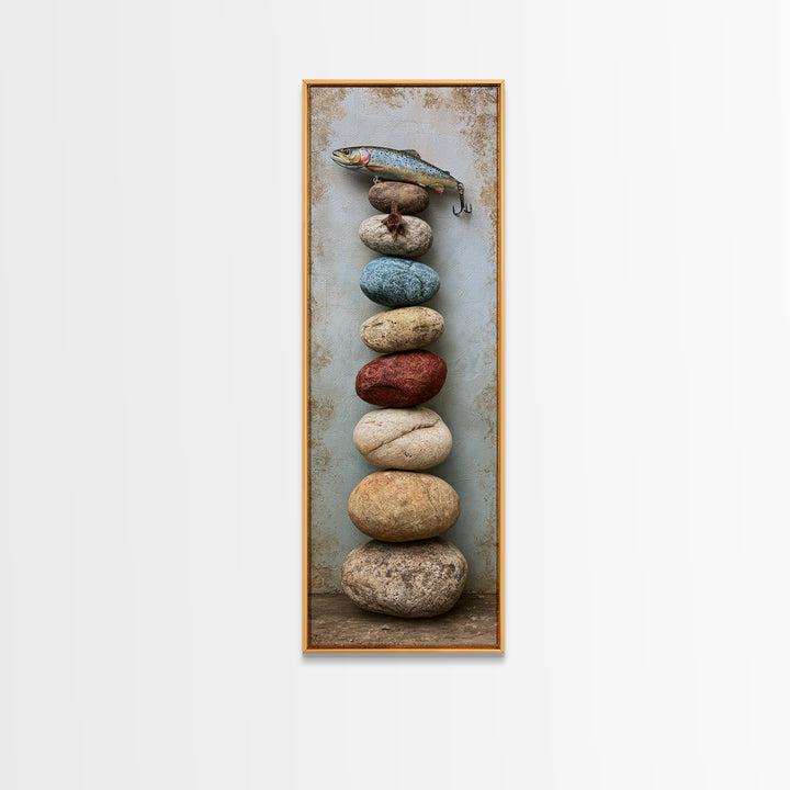 Trout Fishing Lure and River Stones Canvas Print, Rustic Art, Farmhouse Wall Art, Farmhouse Decor, Rustic, Statement Artwork, RUS-1x3-2