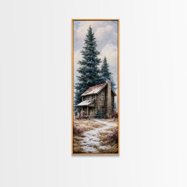 Log Cabin with Snowy Pines Canvas Print, Rustic Art, Digital Prints, Farmhouse Decor, Oil Painting, Rustic, 3d Wall Art, RUS-1x3-27