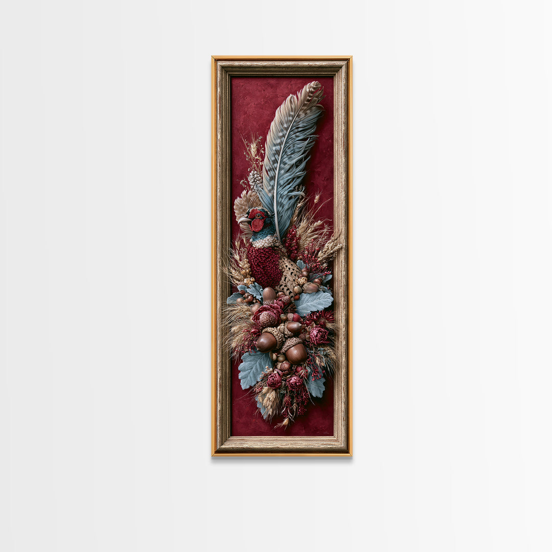 Pheasant Feathers and Acorns Arrangement Canvas Print, Rustic Art, Room Decor, Farmhouse Decor, Fine Art, Rustic, Oil Painting, RUS-1x3-28