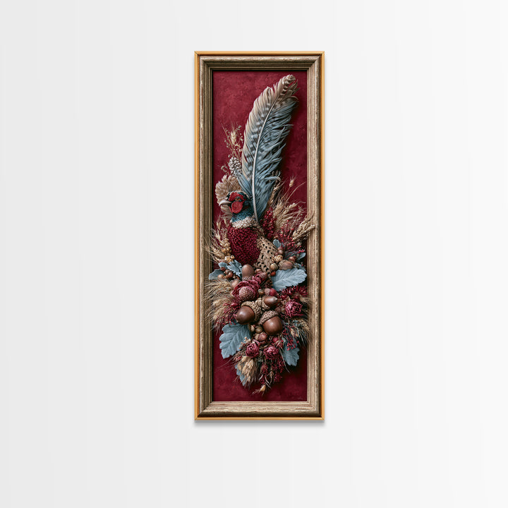 Pheasant Feathers and Acorns Arrangement Canvas Print, Rustic Art, Room Decor, Farmhouse Decor, Fine Art, Rustic, Oil Painting, RUS-1x3-28
