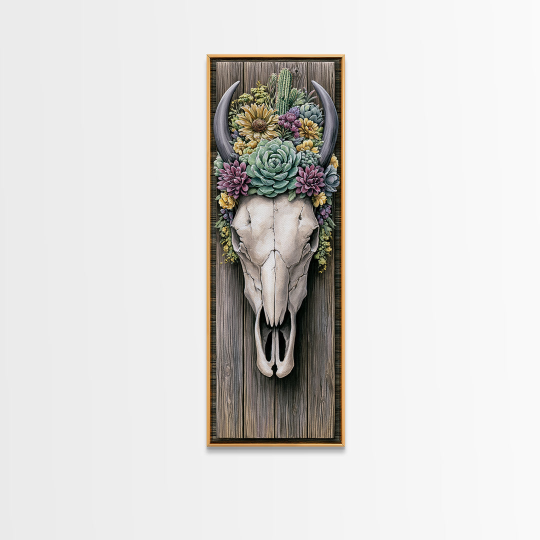 Cow Skull with Desert Flowers Framed Canvas Print, Rustic Art, Neutral Decor, Farmhouse Decor, Fine Art, Rustic, Home Decor, RUS-1x3-29