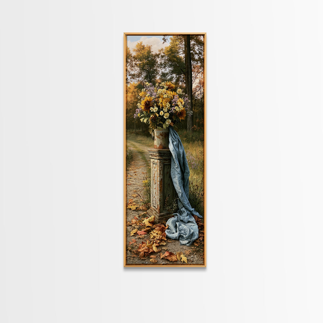 Forest Path with Golden Autumn Leaves Framed Canvas Print, Rustic Art, Portrait Painting, Farmhouse Decor, Fine Art, Rustic, RUS-1x3-30