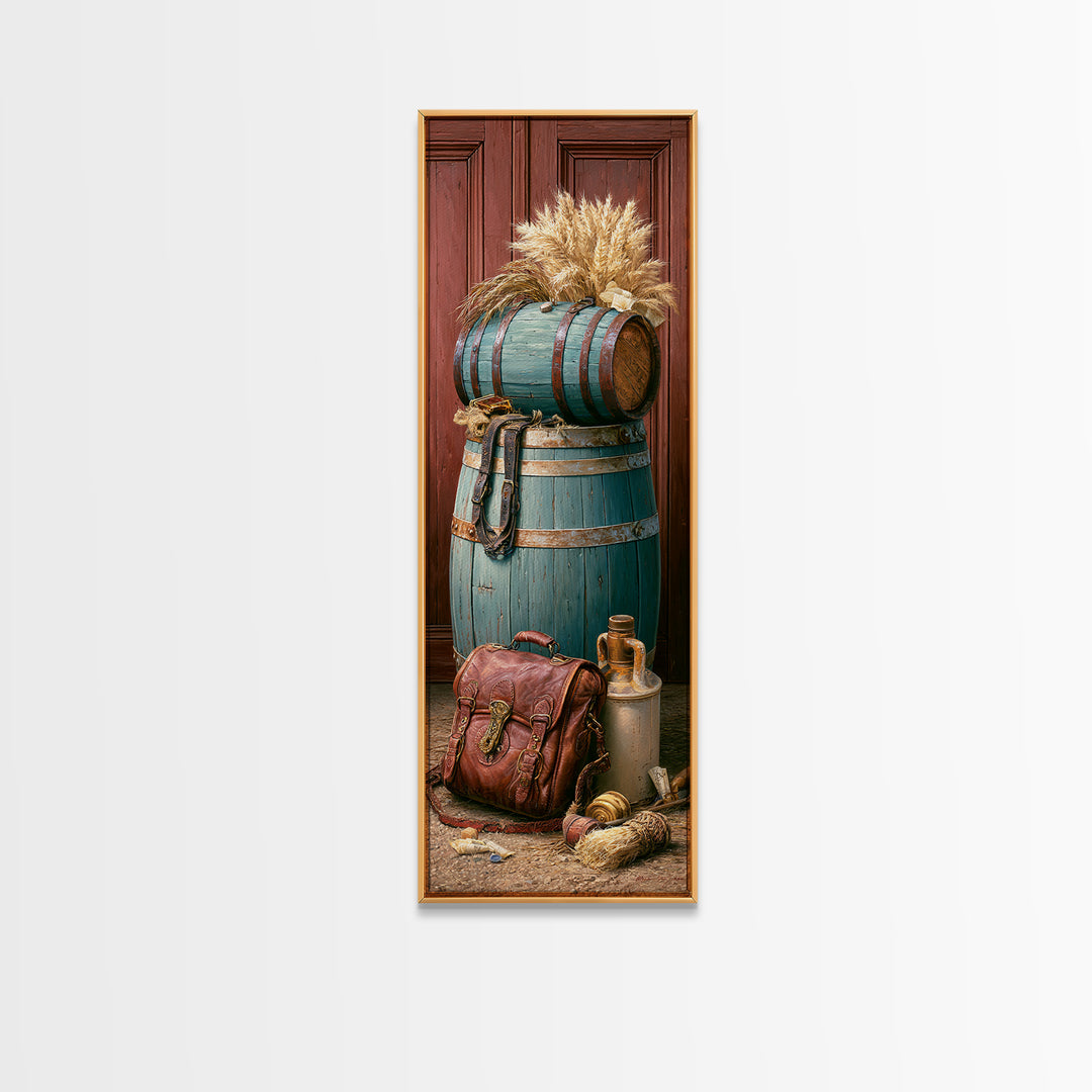 Whiskey Barrel and Leather Still Life Framed Canvas Print, Rustic Art, Art Print, Farmhouse Decor, Watercolor Art, Rustic, RUS-1x3-31