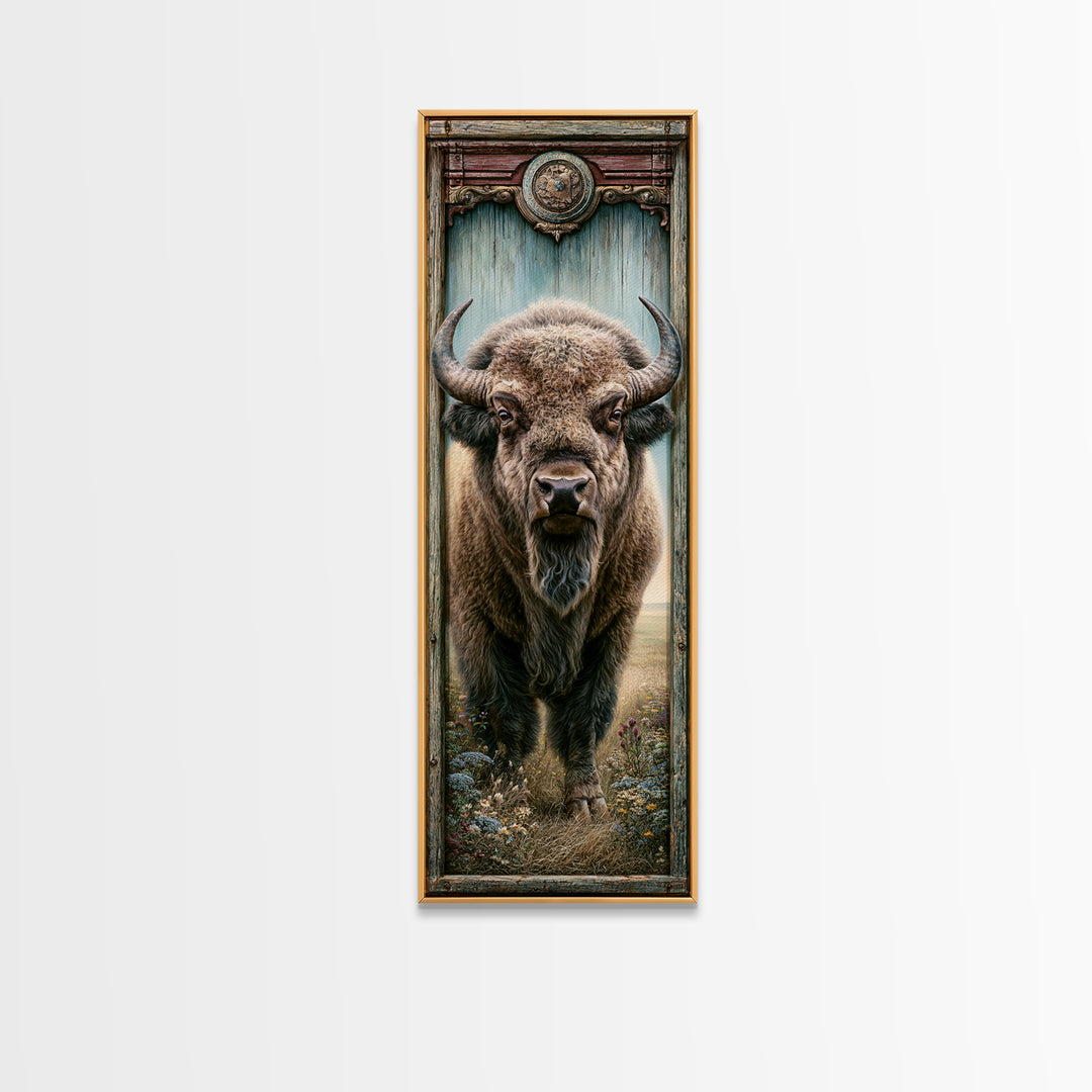 Buffalo Portrait with Western Texture Framed Canvas Print, Rustic Art, Gallery Wall Art, Farmhouse Decor, Fine Art, Rustic, RUS-1x3-34
