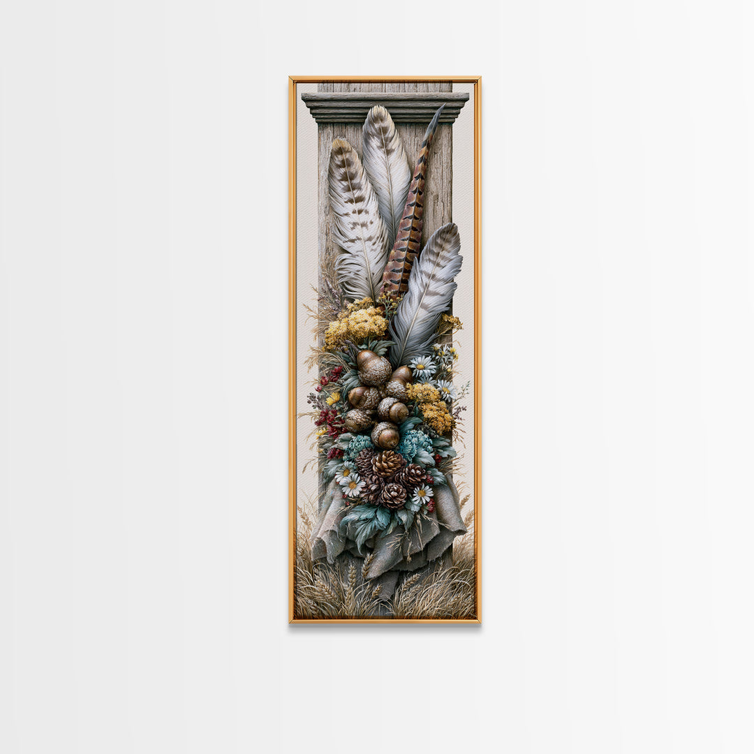 Pheasant Feathers and Acorns Arrangement Framed Canvas Print, Rustic Art, Modern Decor, Farmhouse Decor, Fine Art, Rustic, RUS-1x3-4