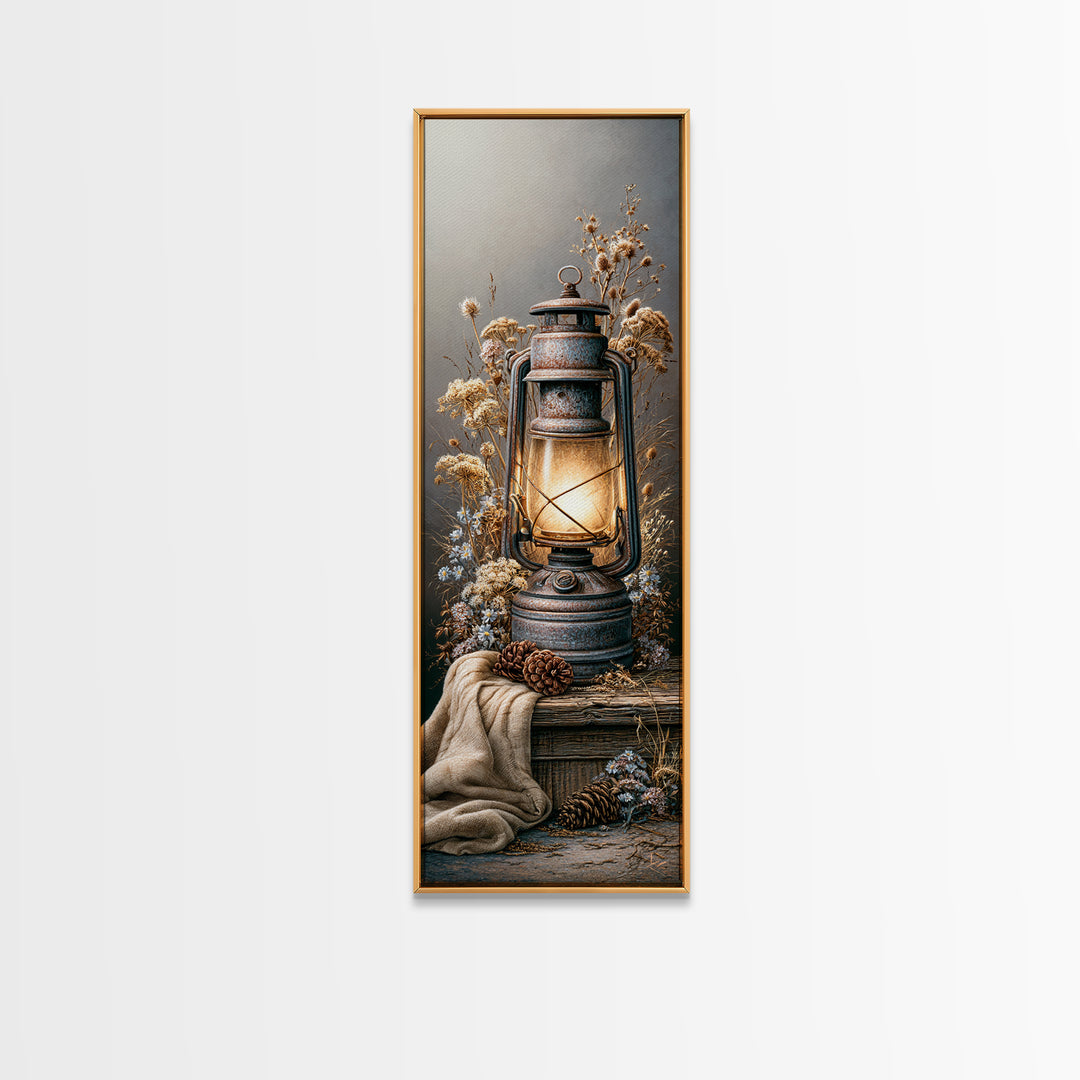 Rustic Lantern Glowing Beside Pinecones Canvas Print, Rustic Art, Digital Prints, Farmhouse Decor, Rustic, 3d Wall Art, RUS-1x3-40