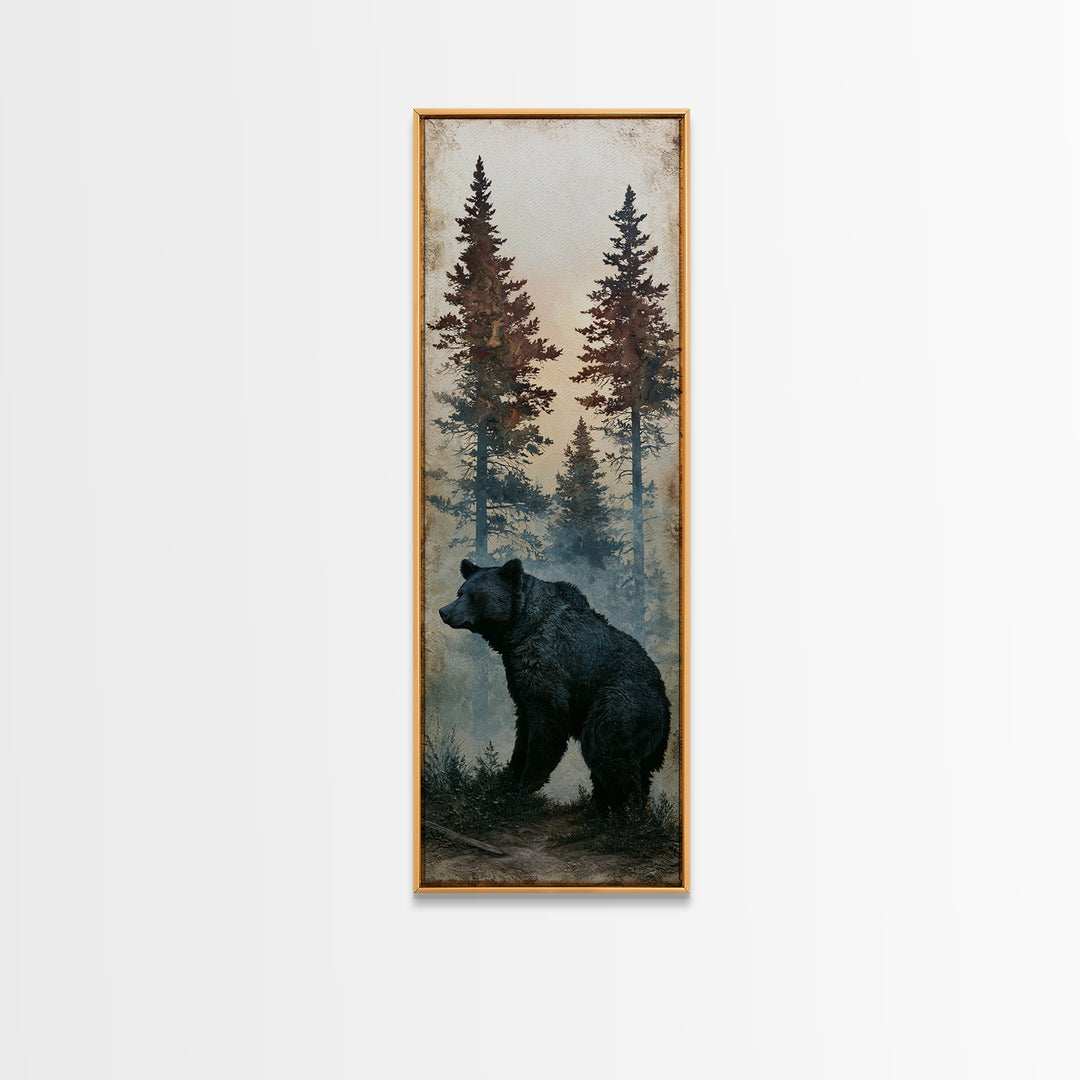 Bear Silhouette Among Pine Trees Canvas Print, Rustic Art, Oil Painting, Farmhouse Decor, Fine Art, Rustic, Modern Art, RUS-1x3-43