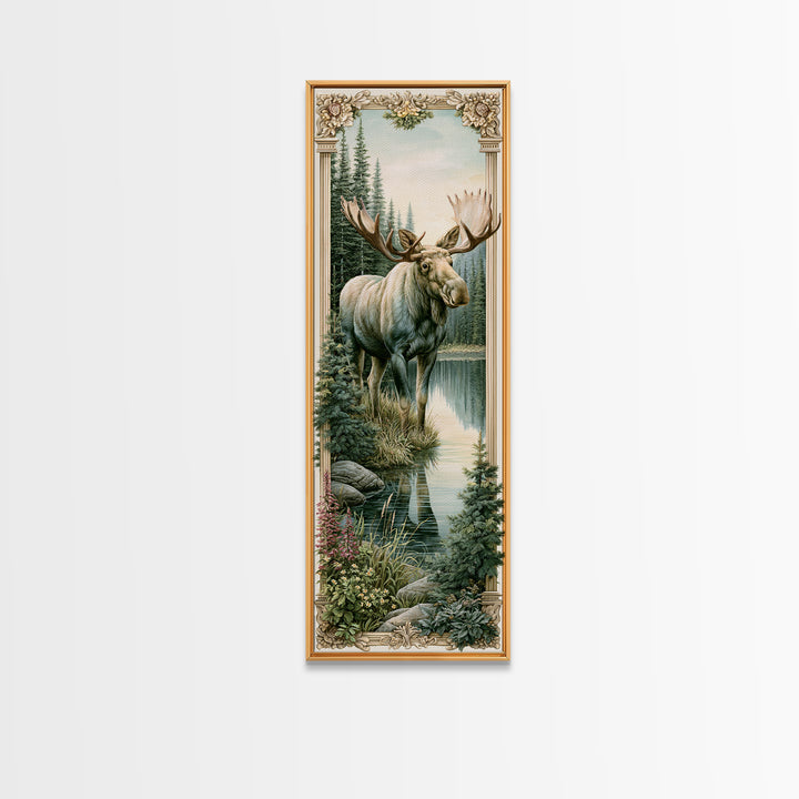 Moose Standing by a Quiet Lake Framed Canvas Print, Rustic Art, Boho Decor, Farmhouse Decor, Fine Art, Rustic, Art Print, RUS-1x3-45