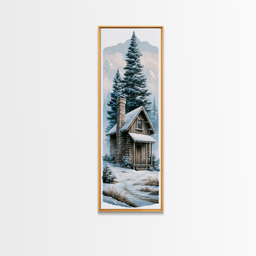 Log Cabin with Snowy Pines Canvas Print, Rustic Art, Boho Wall Art, Farmhouse Decor, Abstract Art, Rustic, Downloadable Art, RUS-1x3-51