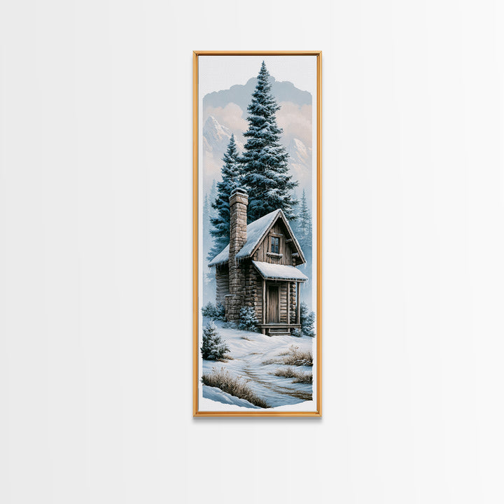 Log Cabin with Snowy Pines Canvas Print, Rustic Art, Boho Wall Art, Farmhouse Decor, Abstract Art, Rustic, Downloadable Art, RUS-1x3-51