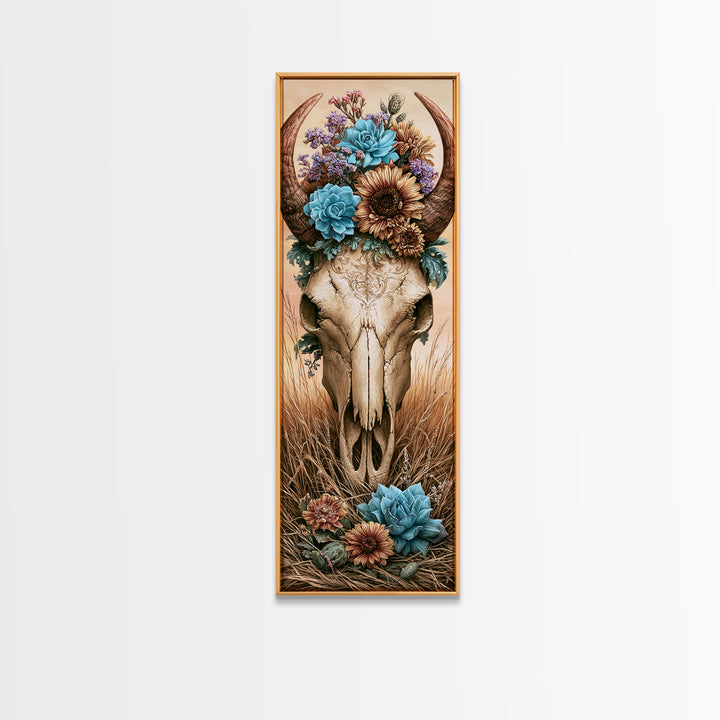 Cow Skull with Desert Flowers Framed Canvas Print, Rustic Art, Neutral Decor, Farmhouse Decor, Fine Art, Rustic, Home Decor, RUS-1x3-53