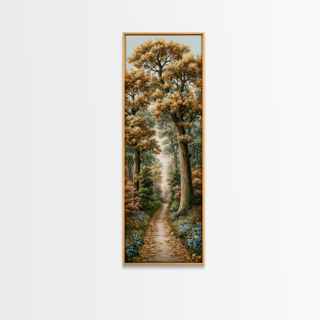 Forest Path with Golden Autumn Leaves Framed Canvas Print, Rustic Art, Portrait Painting, Farmhouse Decor, Fine Art, Rustic, RUS-1x3-54