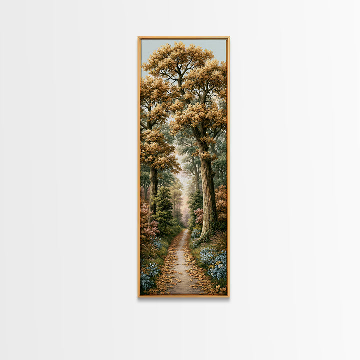 Forest Path with Golden Autumn Leaves Framed Canvas Print, Rustic Art, Portrait Painting, Farmhouse Decor, Fine Art, Rustic, RUS-1x3-54