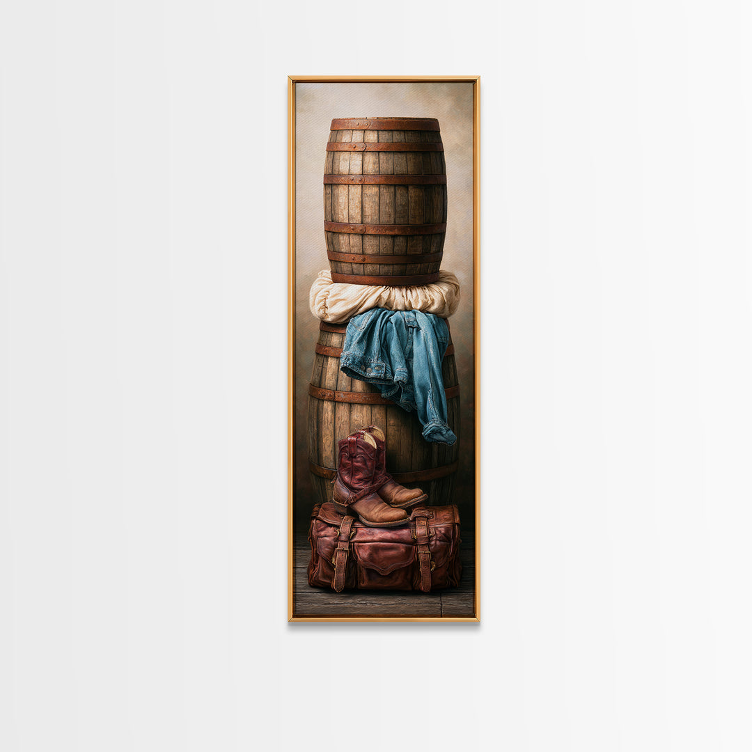 Whiskey Barrel and Leather Still Life Canvas Print, Rustic Art, Printable Art, Farmhouse Decor, Oil Painting, Rustic, RUS-1x3-55