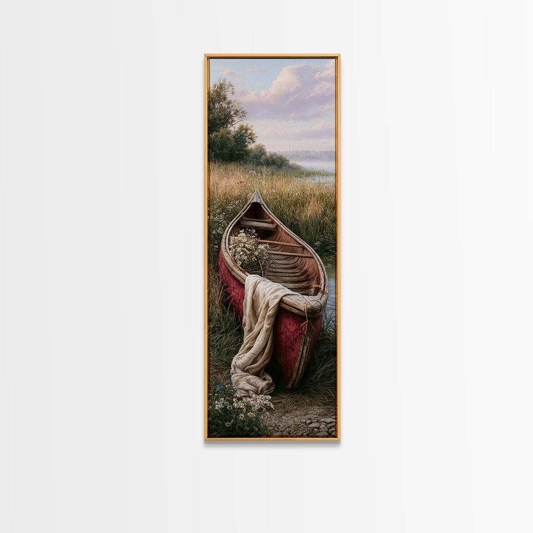 Old Canoe Pulled Onto a Lake Shore Canvas Print, Rustic Art, Oil Painting, Farmhouse Decor, Fine Art, Rustic, Modern Art, RUS-1x3-56
