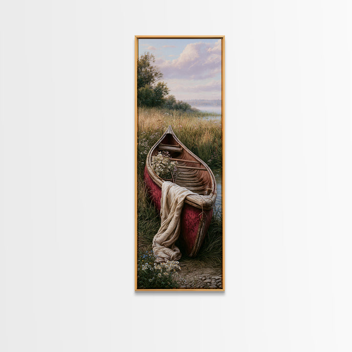 Old Canoe Pulled Onto a Lake Shore Canvas Print, Rustic Art, Oil Painting, Farmhouse Decor, Fine Art, Rustic, Modern Art, RUS-1x3-56