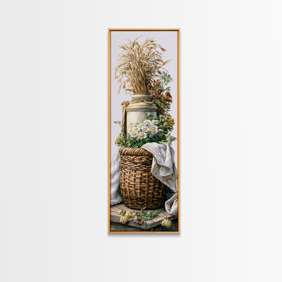 Handwoven Basket with Dried Grasses Canvas Print, Rustic Art, Painting, Farmhouse Decor, Abstract Art, Rustic, Boho Wall Art, RUS-1x3-60