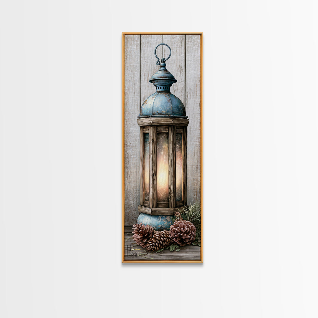 Rustic Lantern Glowing Beside Pinecones Framed Canvas Print, Rustic Art, Wood Wall Art, Farmhouse Decor, Fine Art, Rustic, RUS-1x3-64