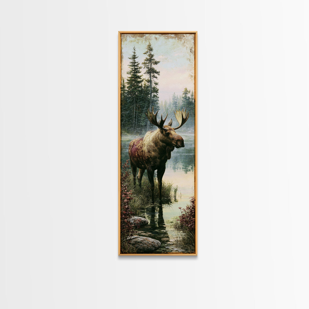 Moose Standing by a Quiet Lake Framed Canvas Print, Rustic Art, Boho Decor, Farmhouse Decor, Fine Art, Rustic, Art Print, RUS-1x3-69