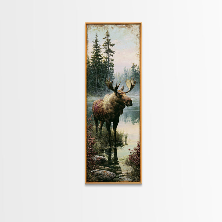 Moose Standing by a Quiet Lake Framed Canvas Print, Rustic Art, Boho Decor, Farmhouse Decor, Fine Art, Rustic, Art Print, RUS-1x3-69