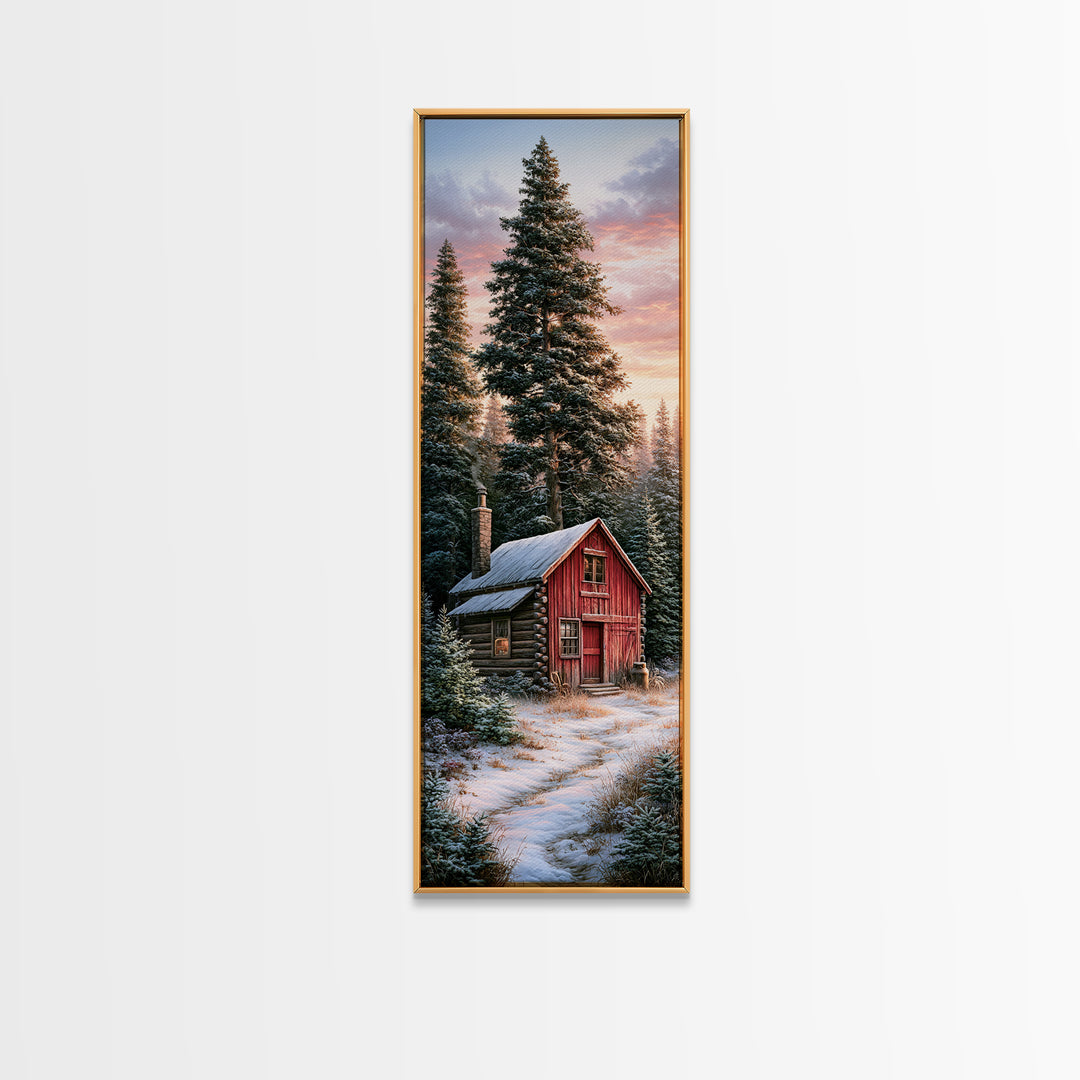 Log Cabin with Snowy Pines Framed Canvas Print, Rustic Art, Landscape Painting, Farmhouse Decor, Fine Art, Rustic, Modern Decor, RUS-1x3-75