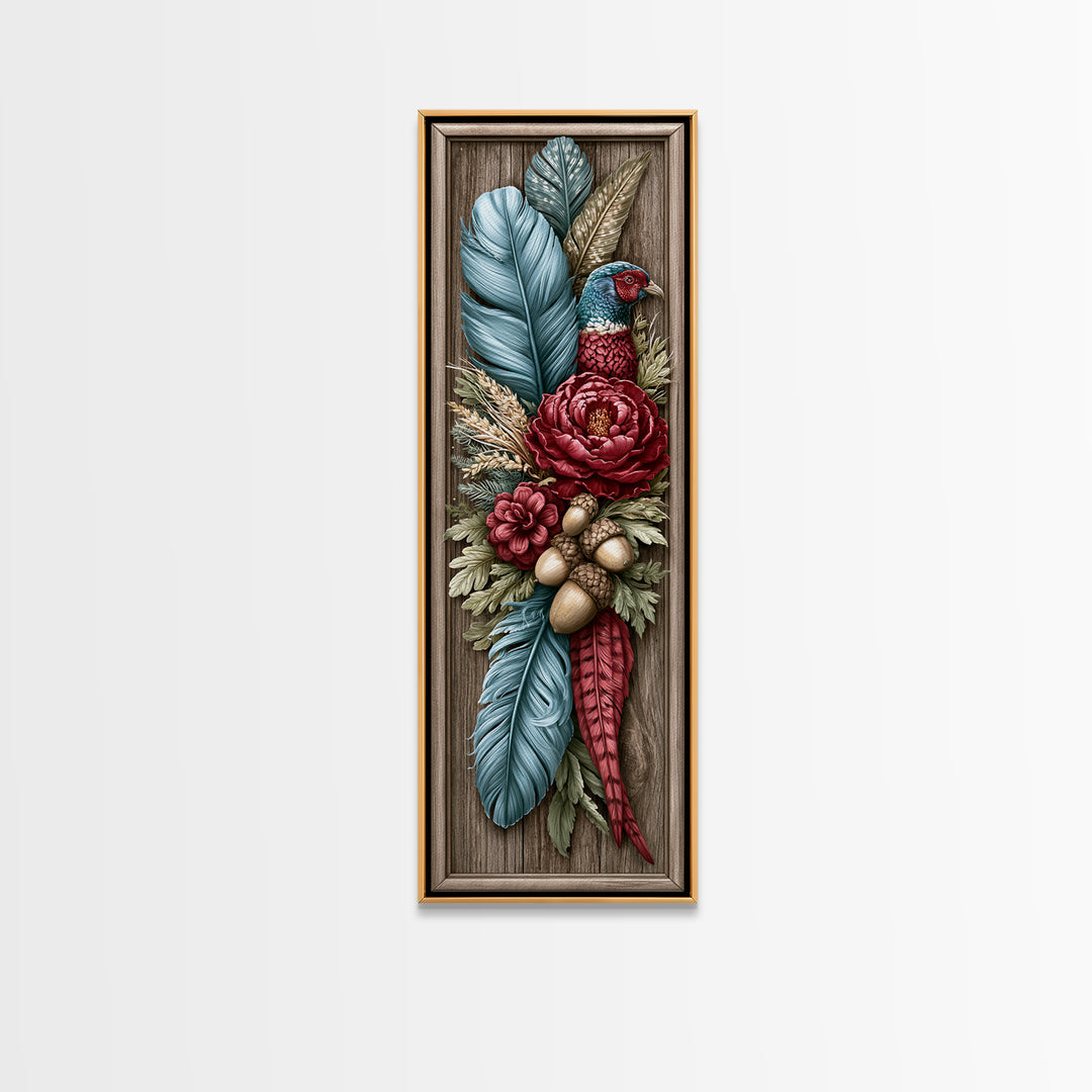 Pheasant Feathers and Acorns Arrangement Framed Canvas Print, Rustic Art, Farmhouse Decor, Oil Painting, Rustic, RUS-1x3-76