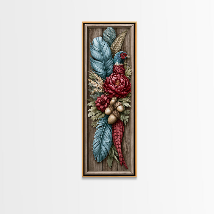 Pheasant Feathers and Acorns Arrangement Framed Canvas Print, Rustic Art, Farmhouse Decor, Oil Painting, Rustic, RUS-1x3-76