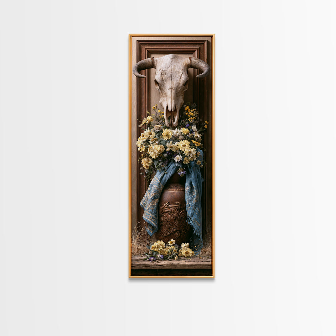Cow Skull with Desert Flowers Canvas Print, Rustic Art, Luxury Decor, Farmhouse Decor, Fine Art, Rustic, Printable Wall Art, RUS-1x3-77