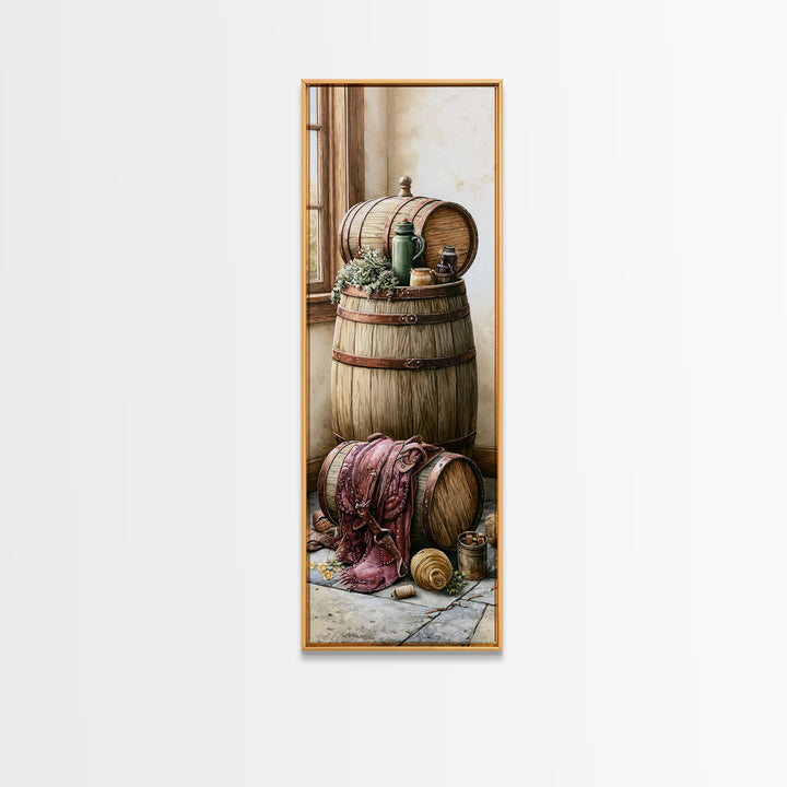 Whiskey Barrel and Leather Still Life Framed Canvas Print, Rustic Art, 3d Wall Art, Farmhouse Decor, Fine Art, Rustic, RUS-1x3-79