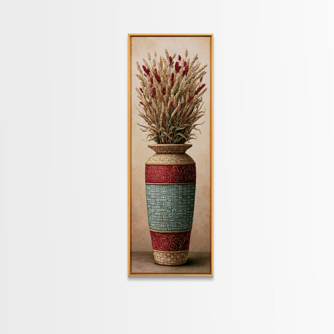 Handwoven Basket with Dried Grasses Framed Canvas Print, Rustic Art, Digital Print, Farmhouse Decor, Fine Art, Rustic, RUS-1x3-84