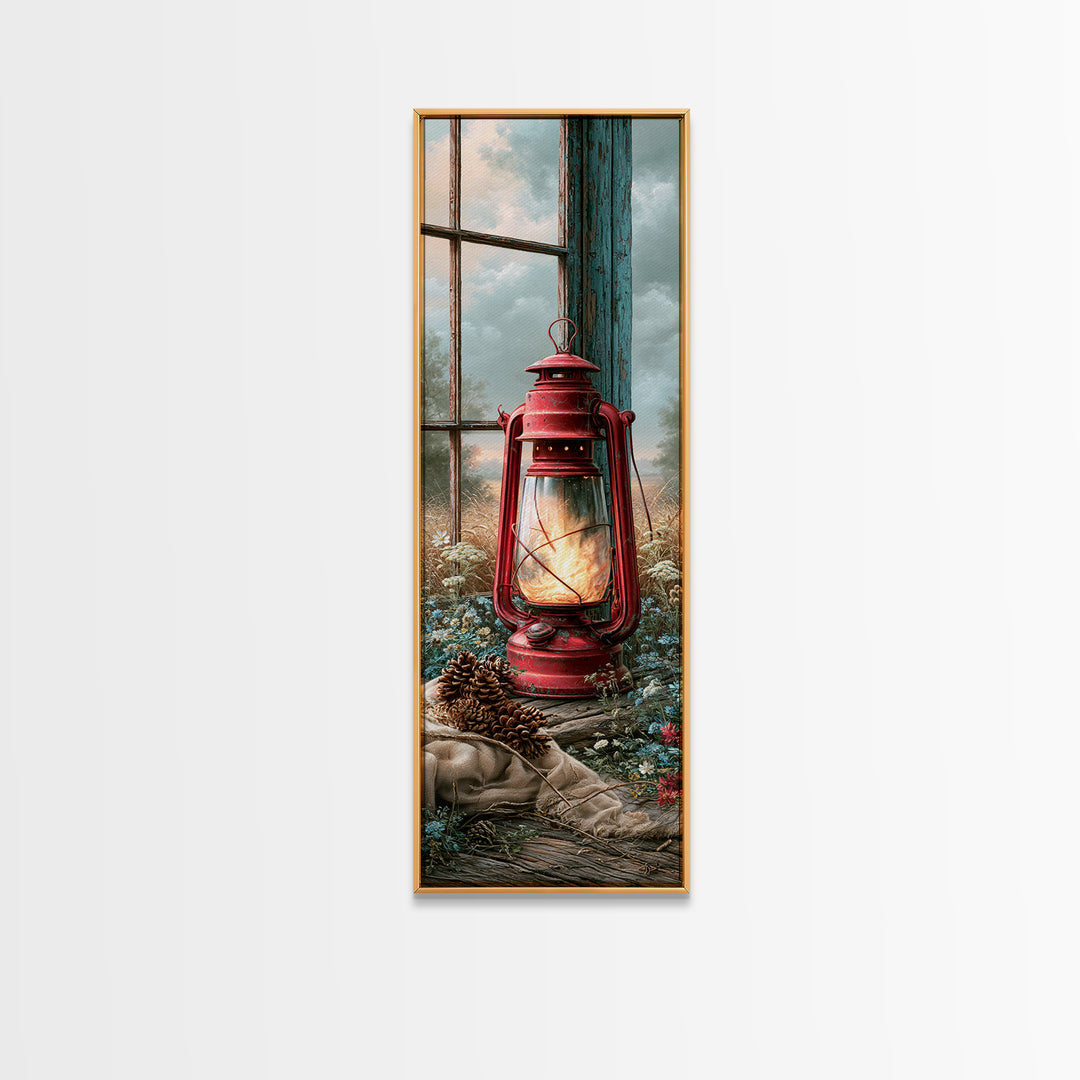 Rustic Lantern Glowing Beside Pinecones Canvas Print, Rustic Art, Boho Wall Art, Farmhouse Decor, Rustic, Downloadable Art, RUS-1x3-88