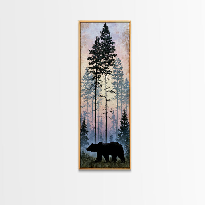 Bear Silhouette Among Pine Trees Framed Canvas Print, Rustic Art, Gallery Wall Art, Farmhouse Decor, Oil Painting, Rustic, RUS-1x3-91