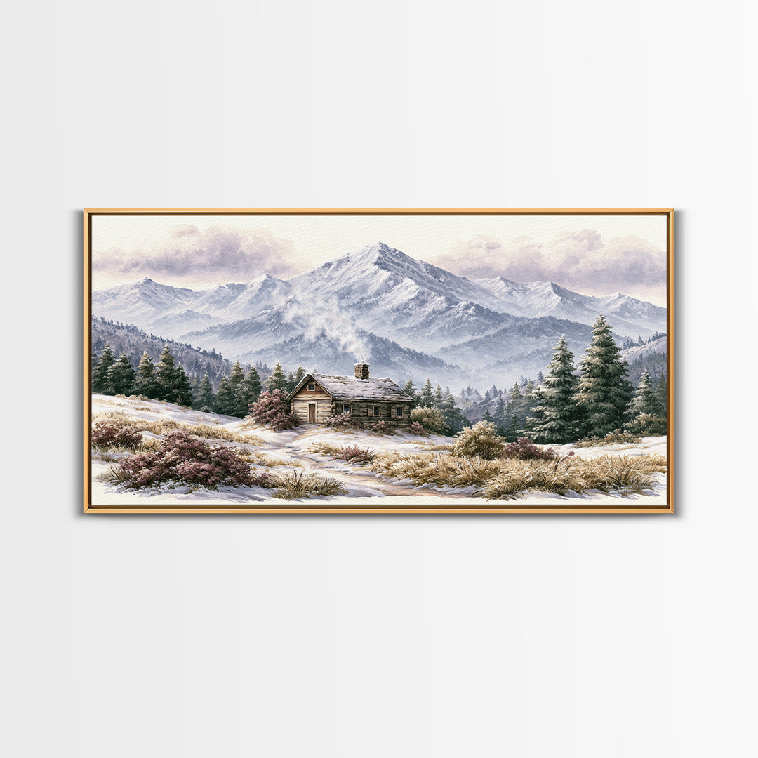 Winter Mountain Scene Framed Canvas Print, Rustic Art, Landscape Wall Art, Farmhouse Decor, Fine Art, Rustic, Luxury Decor, RUS-2x1-19