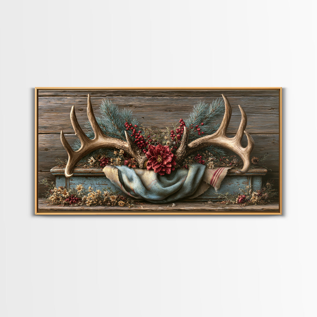 Deer Antlers with Pine Branches and Berries Canvas Print, Rustic Art, Statement Artwork, Farmhouse Decor, Fine Art, Rustic, RUS-2x1-22