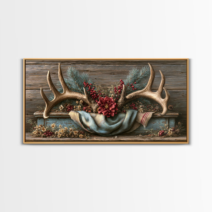 Deer Antlers with Pine Branches and Berries Canvas Print, Rustic Art, Statement Artwork, Farmhouse Decor, Fine Art, Rustic, RUS-2x1-22
