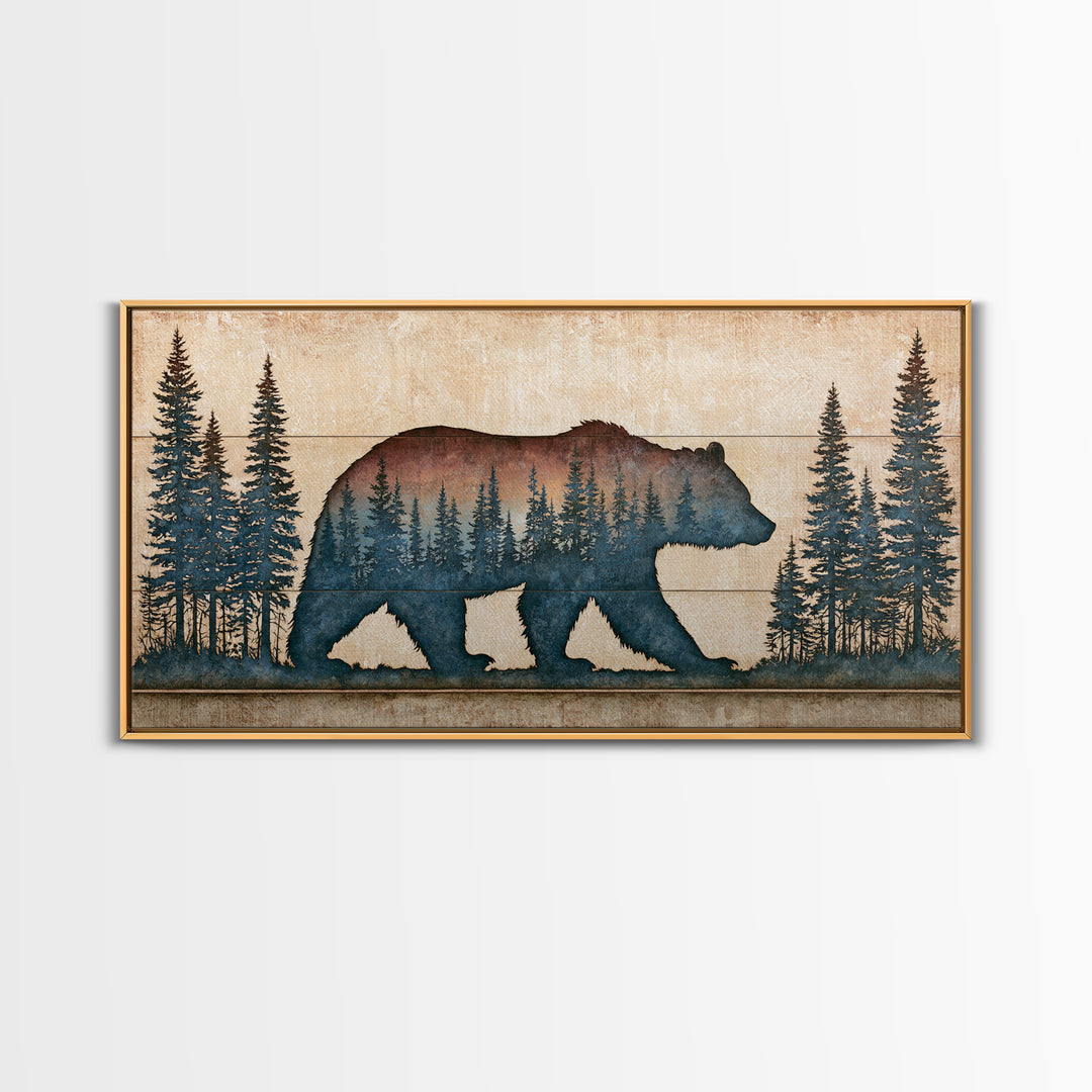 Bear Silhouette Among Pine Trees Framed Canvas Print, Rustic Art, Modern Decor, Farmhouse Decor, Oil Painting, Rustic, RUS-2x1-27