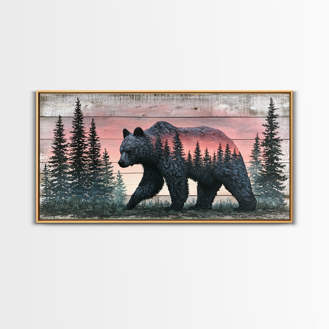 Bear Silhouette Among Pine Trees Framed Canvas Print, Rustic Art, Printable Art, Farmhouse Decor, Rustic, Farmhouse Wall Art, RUS-2x1-3