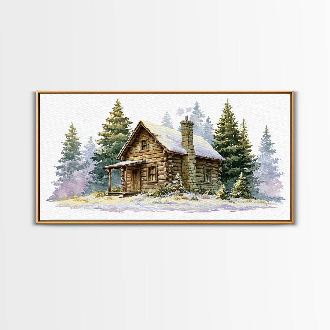 Log Cabin with Snowy Pines Framed Canvas Print, Rustic Art, Farmhouse Decor, Oil Painting, Rustic, Wood Wall Art, RUS-2x1-35