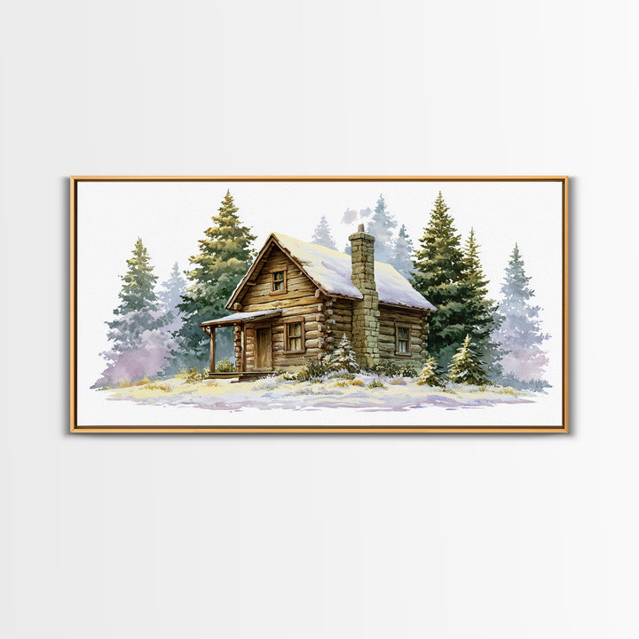 Log Cabin with Snowy Pines Framed Canvas Print, Rustic Art, Farmhouse Decor, Oil Painting, Rustic, Wood Wall Art, RUS-2x1-35