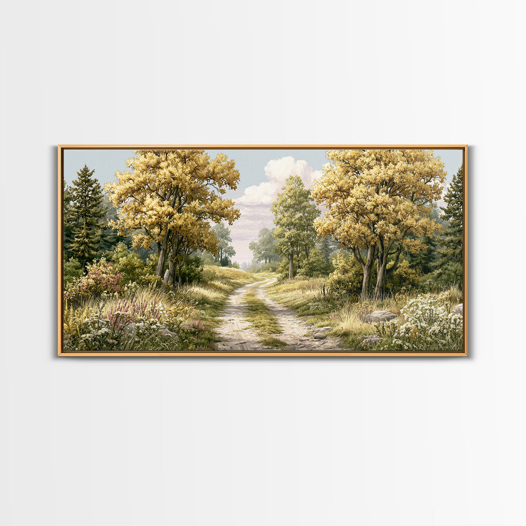 Forest Path with Golden Autumn Leaves Framed Canvas Print, Rustic Art, Modern Decor, Farmhouse Decor, Fine Art, Rustic, RUS-2x1-38