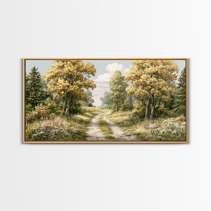 Forest Path with Golden Autumn Leaves Framed Canvas Print, Rustic Art, Modern Decor, Farmhouse Decor, Fine Art, Rustic, RUS-2x1-38