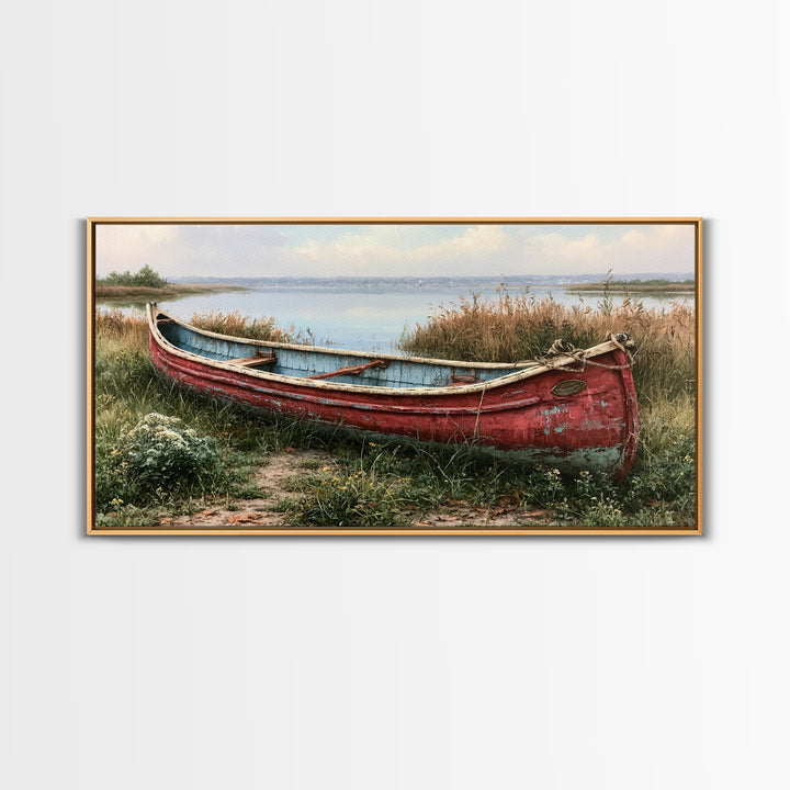 Old Canoe Pulled Onto a Lake Shore Framed Canvas Print, Rustic Art, Home Decor, Farmhouse Decor, Rustic, Living Room Decor, RUS-2x1-40