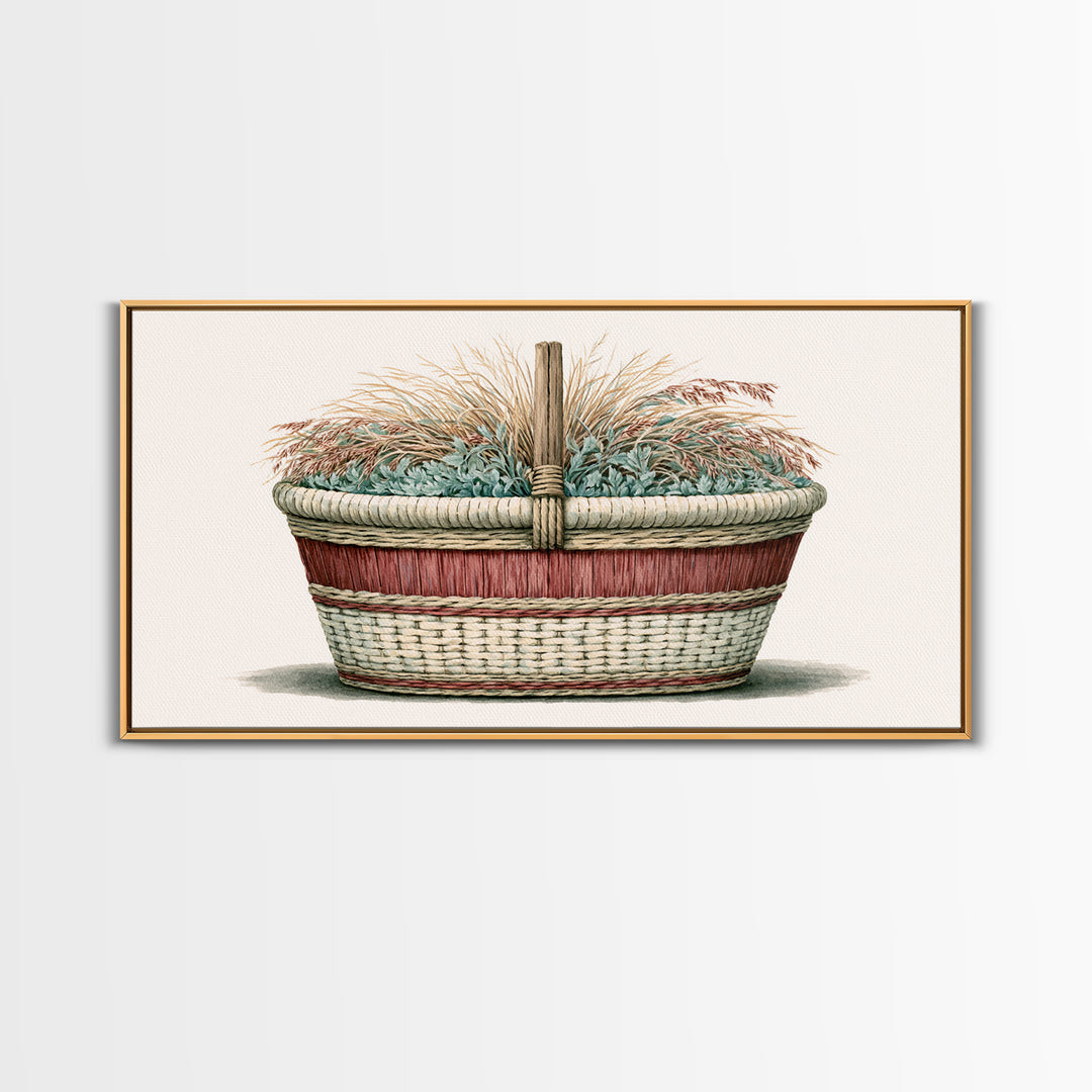 Handwoven Basket with Dried Grasses Canvas Print, Rustic Art, Textured Painting, Farmhouse Decor, Abstract Art, Rustic, RUS-2x1-44